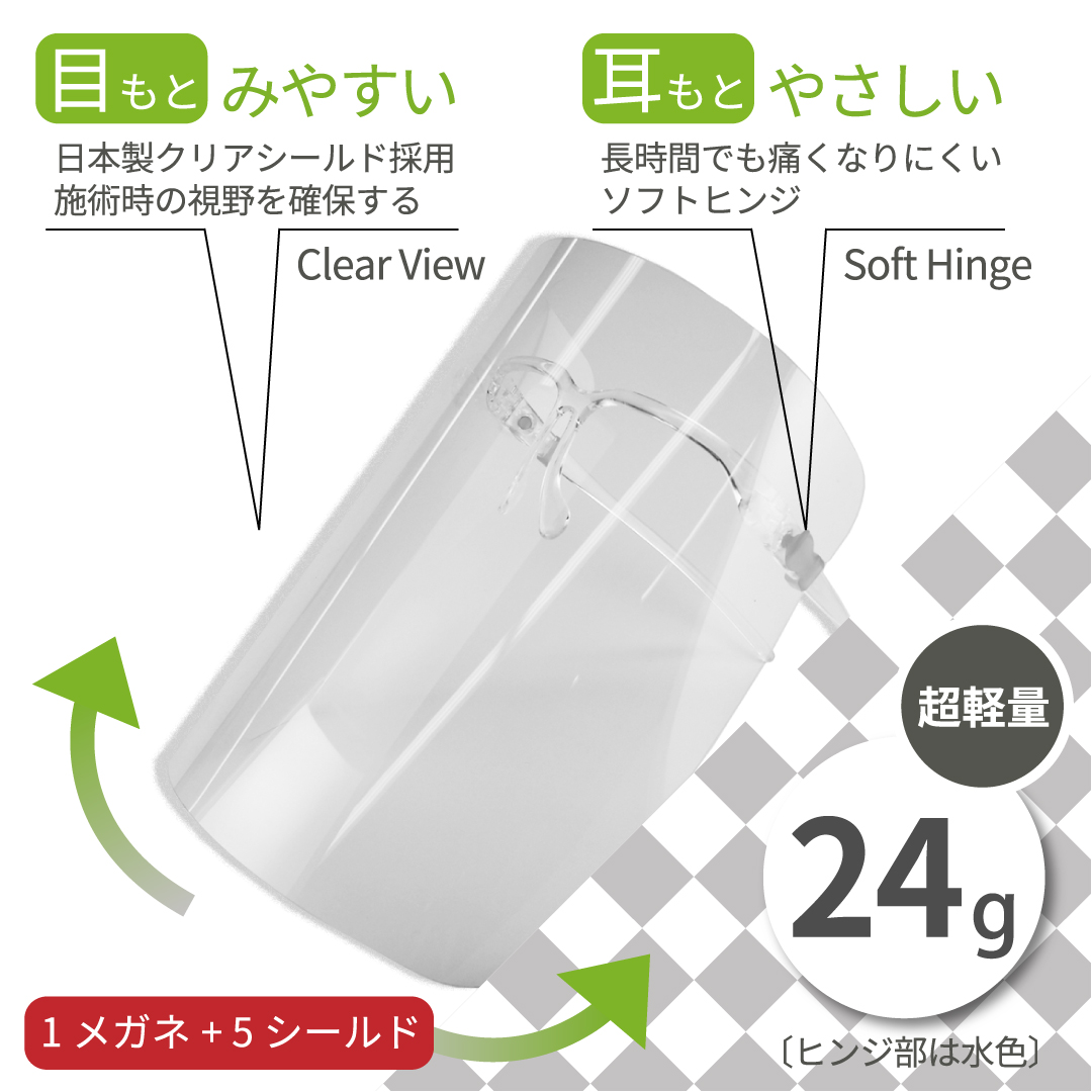 ディスポーザブル飛沫対策用超軽量faceガード メガネ1個 日本製シールド5枚 まつげエクステ商材の松風